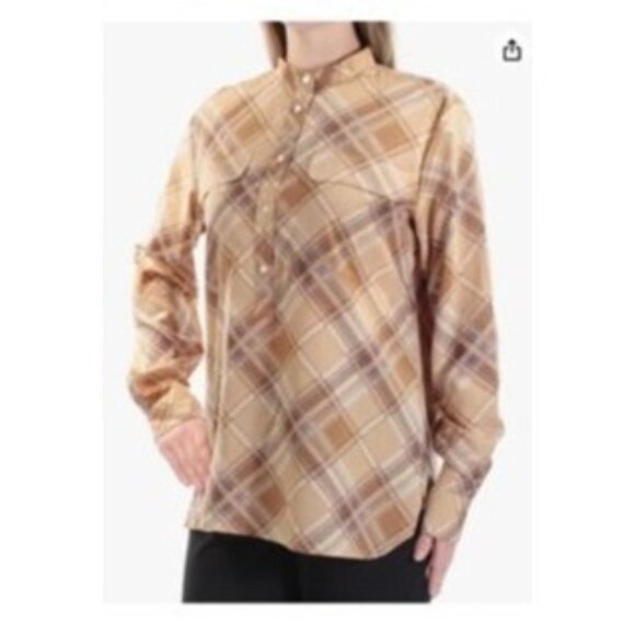 Lauren Ralph Lauren womens Plaid Tan & Brown Band Collar tunic Shirt size large - Picture 1 of 12
